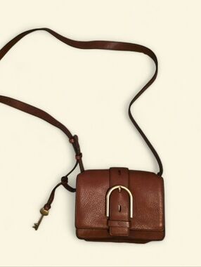 Fossil Wiley Mini Leather Brown Crossbody Bag Brass Buckle Key Charm